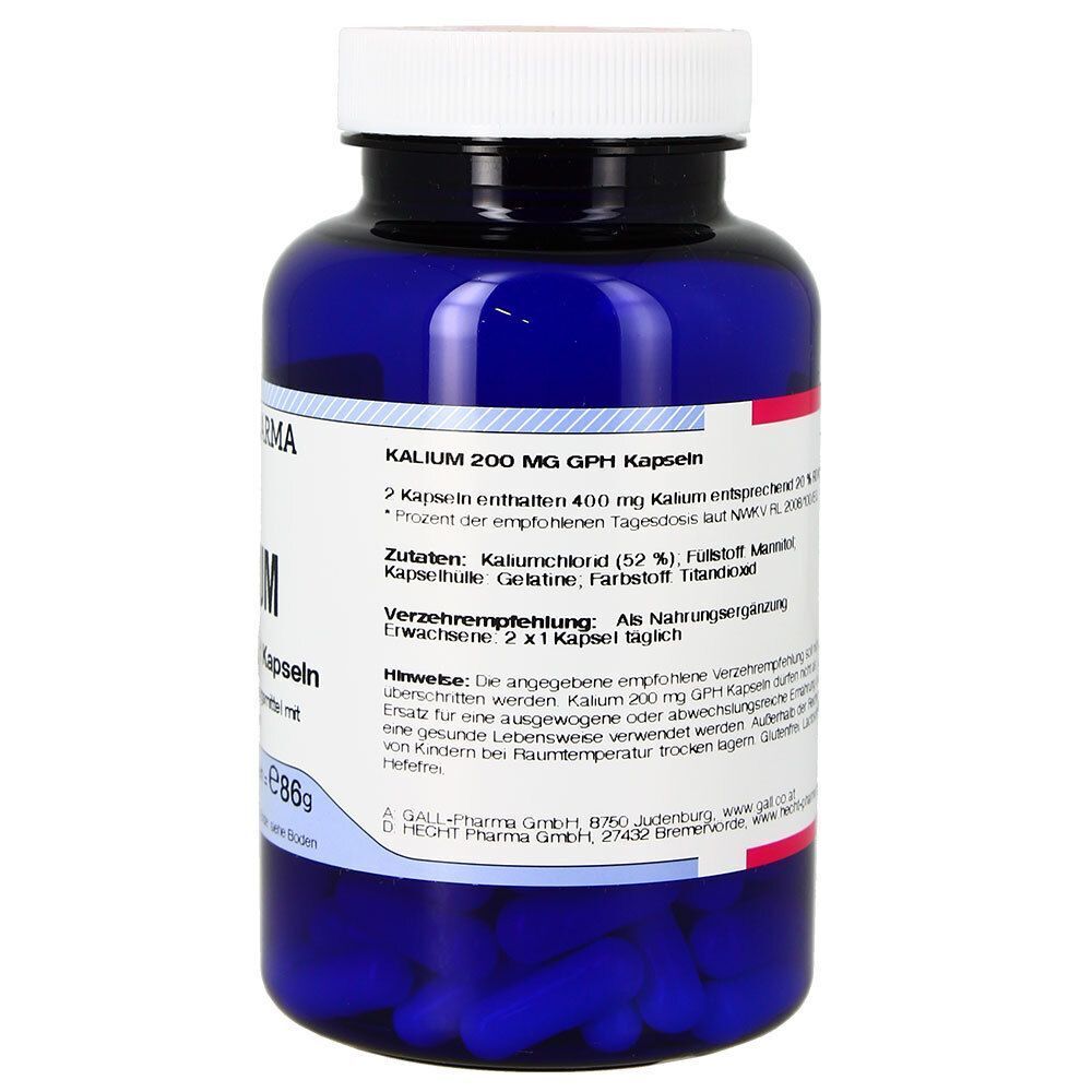 Eine blaue Flasche GALL PHARMA Kalium 200 mg GPH Kapseln, Rückseite mit detaillierten Produktinformationen.