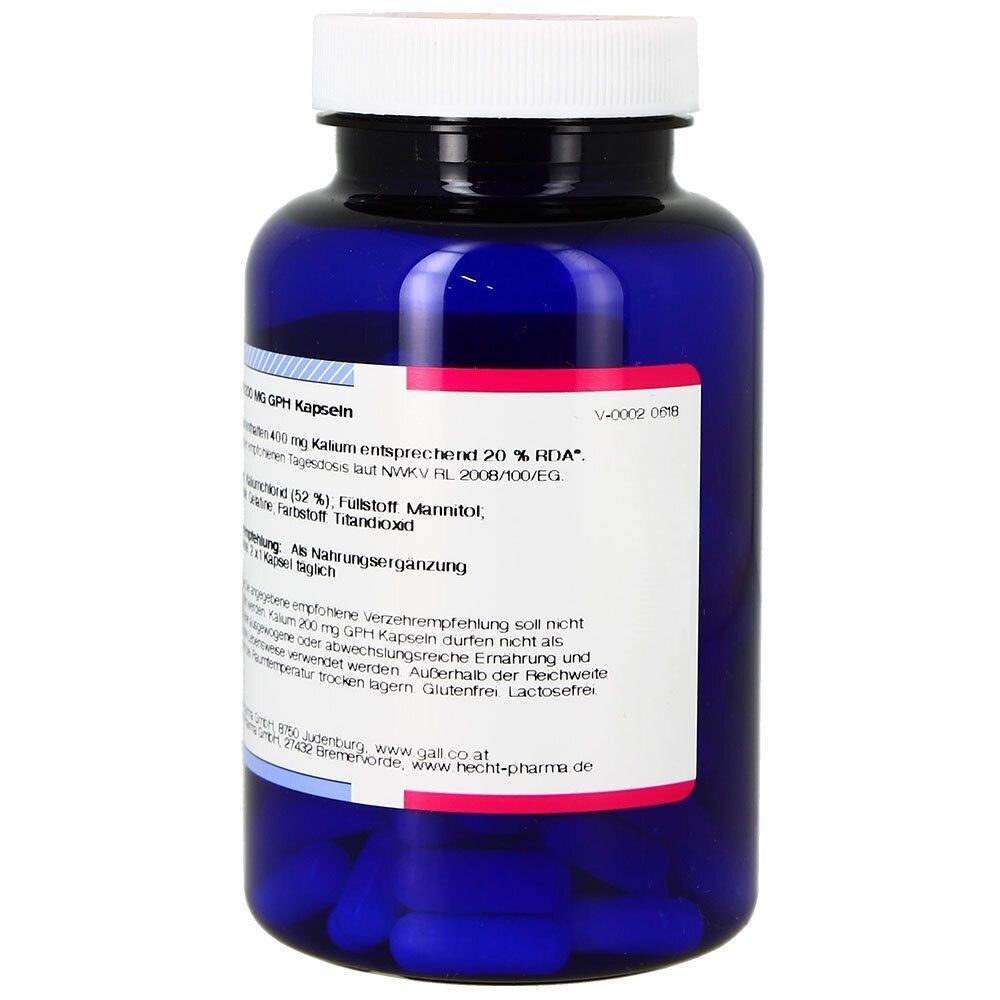 Rückseite einer blauen Flasche GALL PHARMA Kalium 200 mg GPH Kapseln, mit detaillierten Informationen auf dem Etikett.