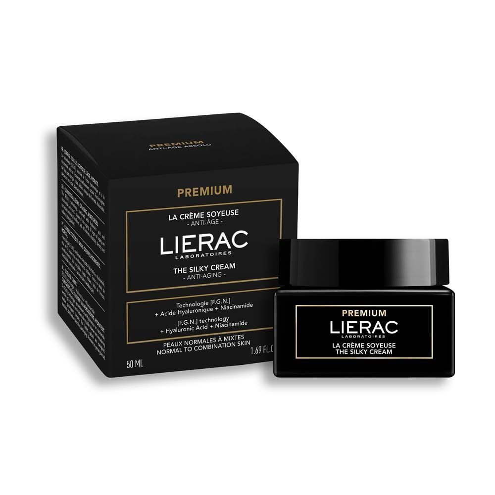 LIERAC Premium Seidige Creme Tiegel und Umverpackung auf schwarzem Hintergrund.