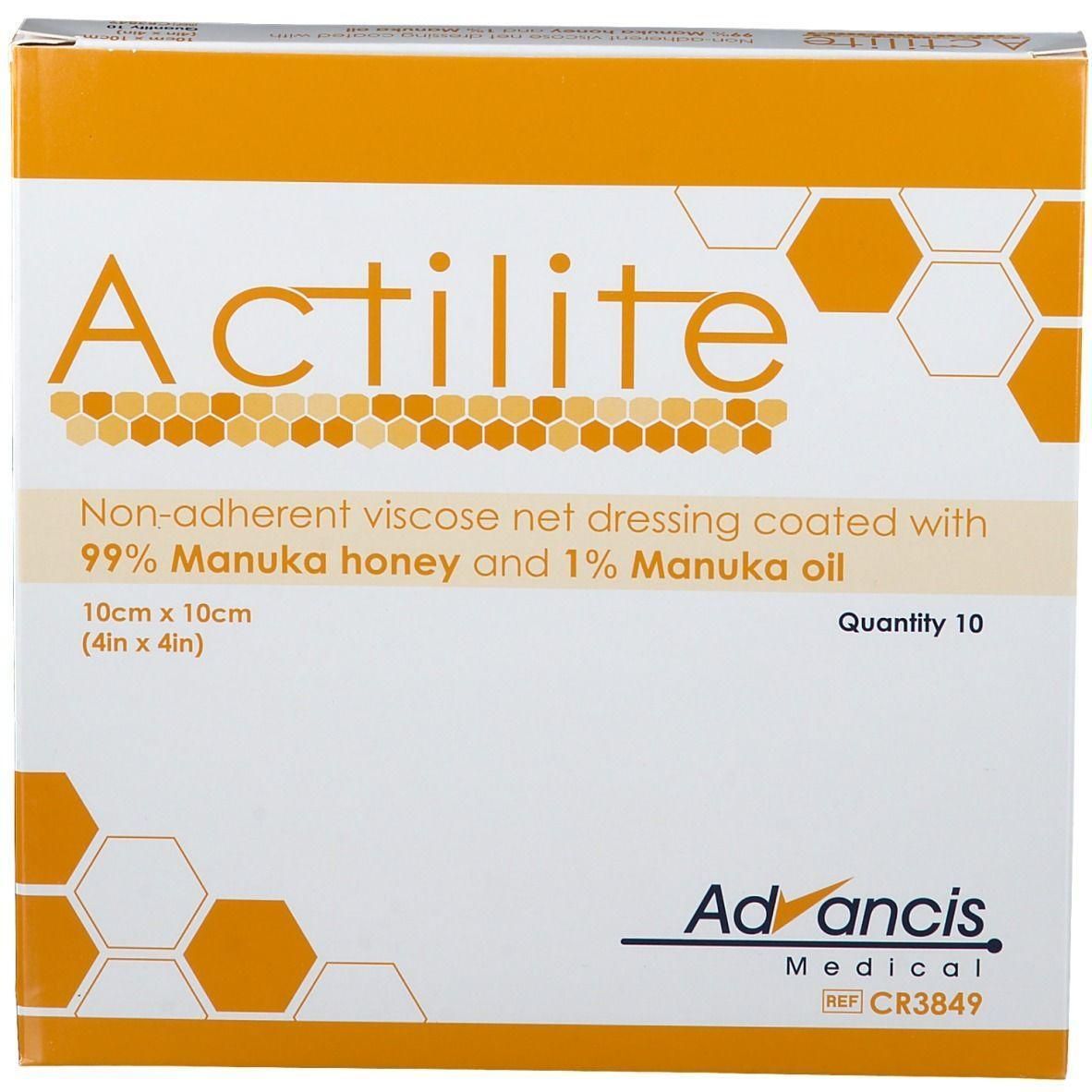 Actilite Verband: 10x10cm, nicht haftendes Viskosenetz mit Manuka Honig und Öl. 10 Stück.