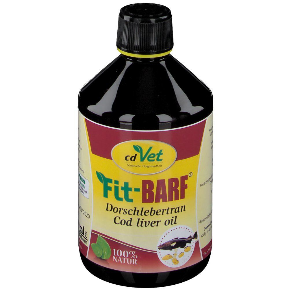 Flasche cd Vet Fit-BARF Dorschlebertran mit schwarzem Verschluss. 100% Natur.