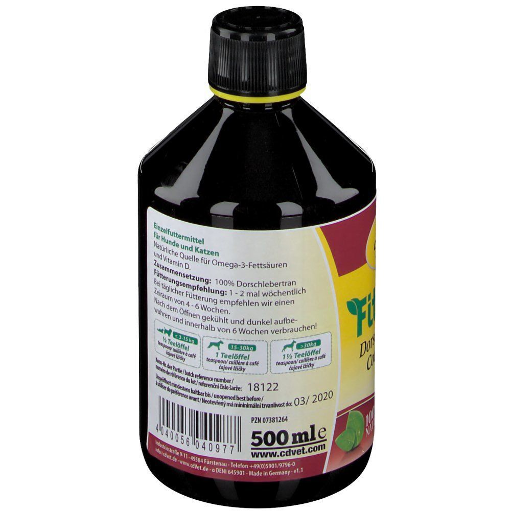 Flasche cd Vet Fit-BARF Dorschlebertran, 500 ml. Mit Dosierungsanleitung für Hunde und Katzen.