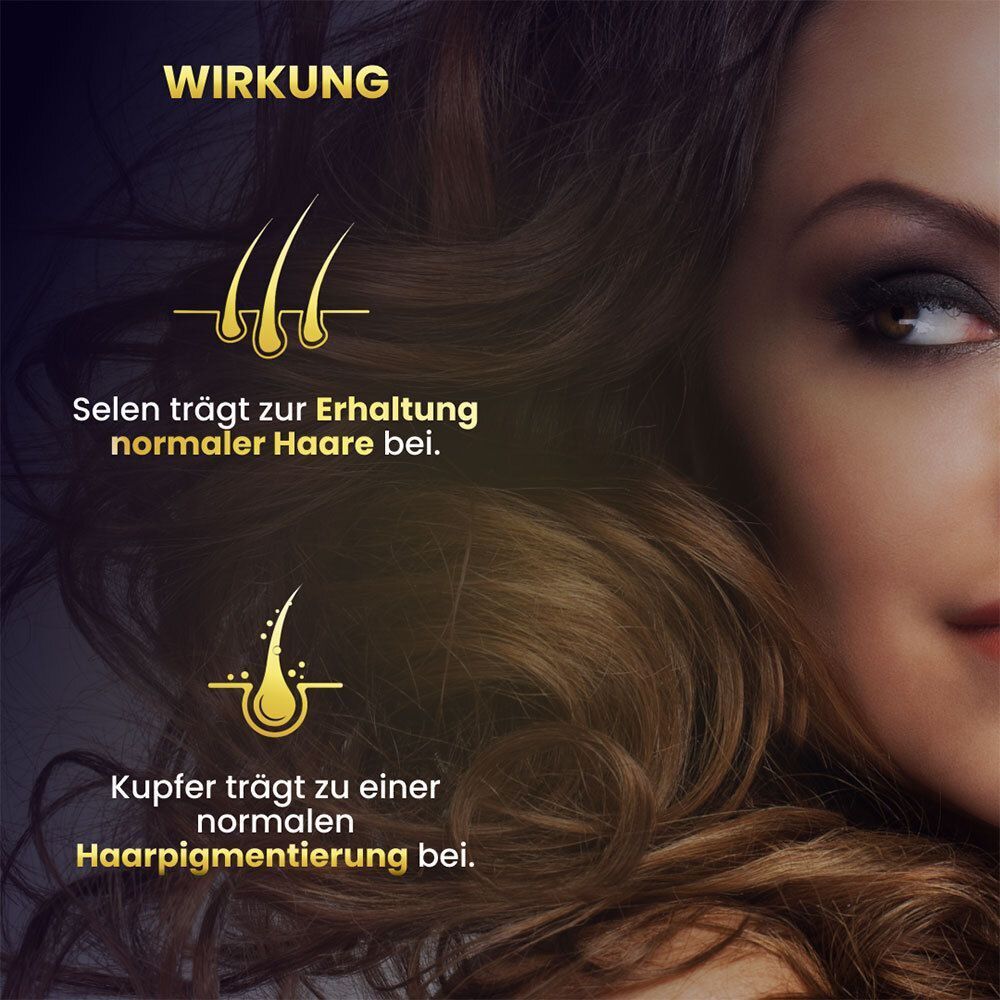 Nahaufnahme einer Frau mit vollem Haar. Text über Selen und Kupfer für Haare.