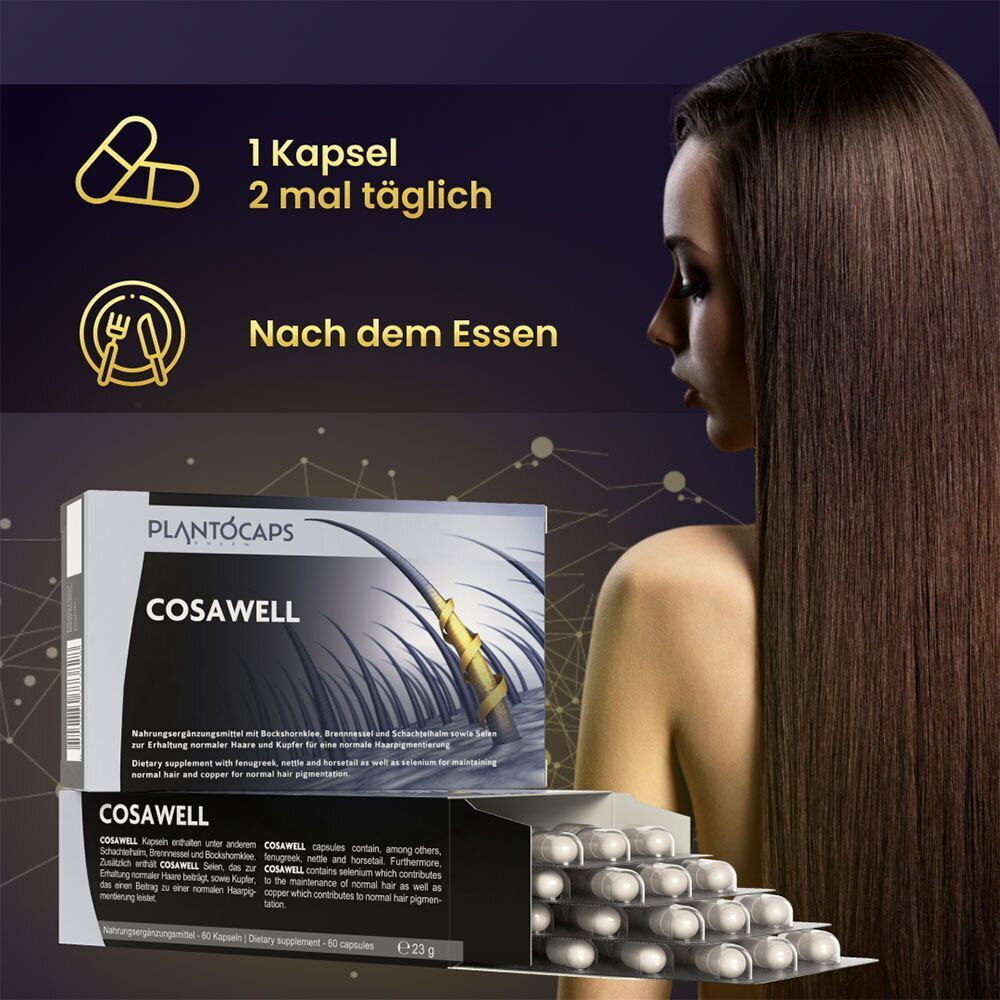 Packung plantoCAPS® COSAWELL® und Blisterpackung. Einnahme: 1 Kapsel 2x täglich nach dem Essen.