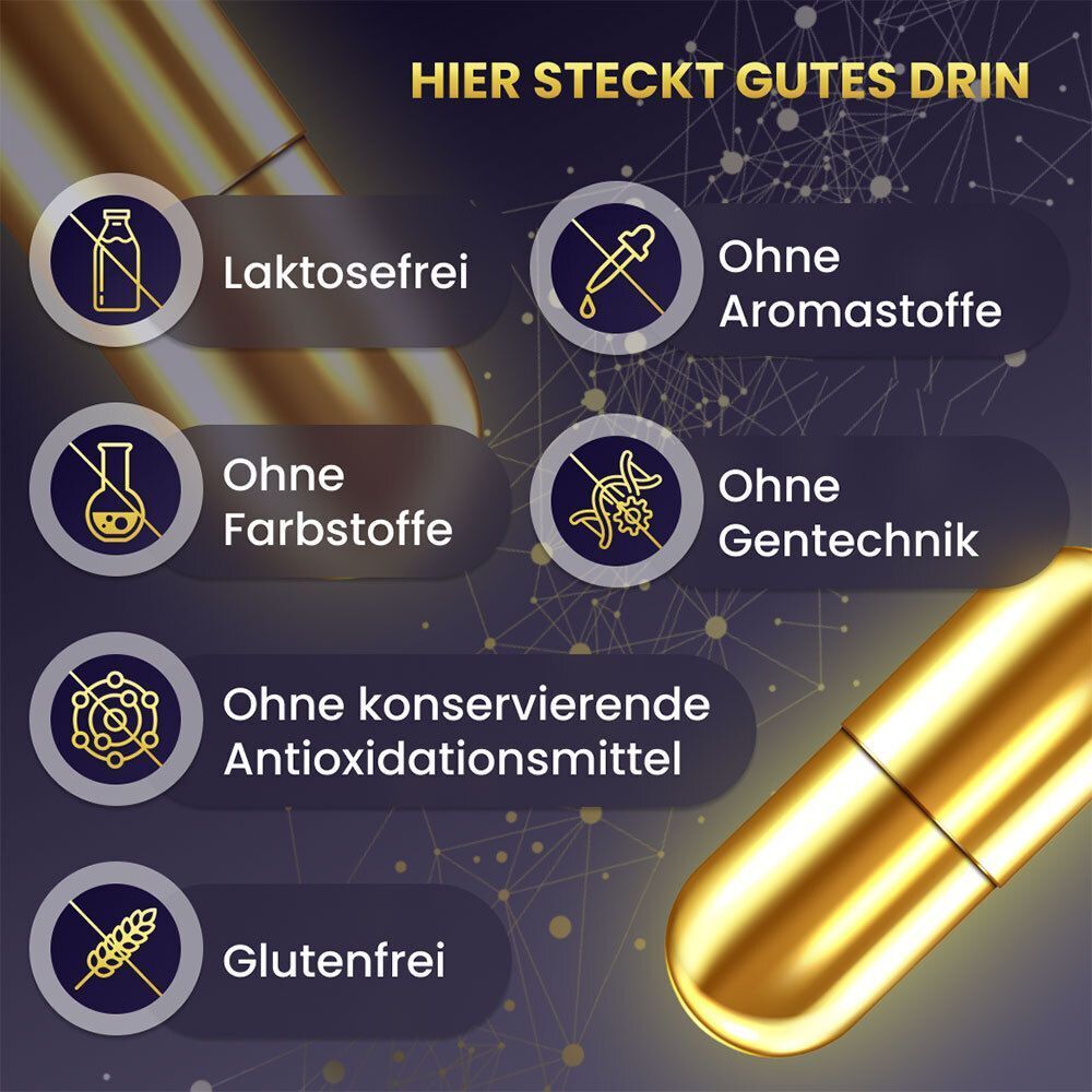 Goldene Kapsel mit Symbolen: Laktosefrei, ohne Farbstoffe, ohne Konservierungsmittel, glutenfrei.