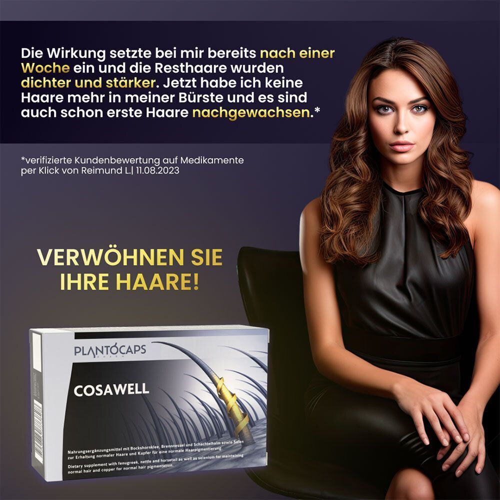 Frau mit glänzendem Haar, neben einer Packung plantoCAPS® COSAWELL®.
