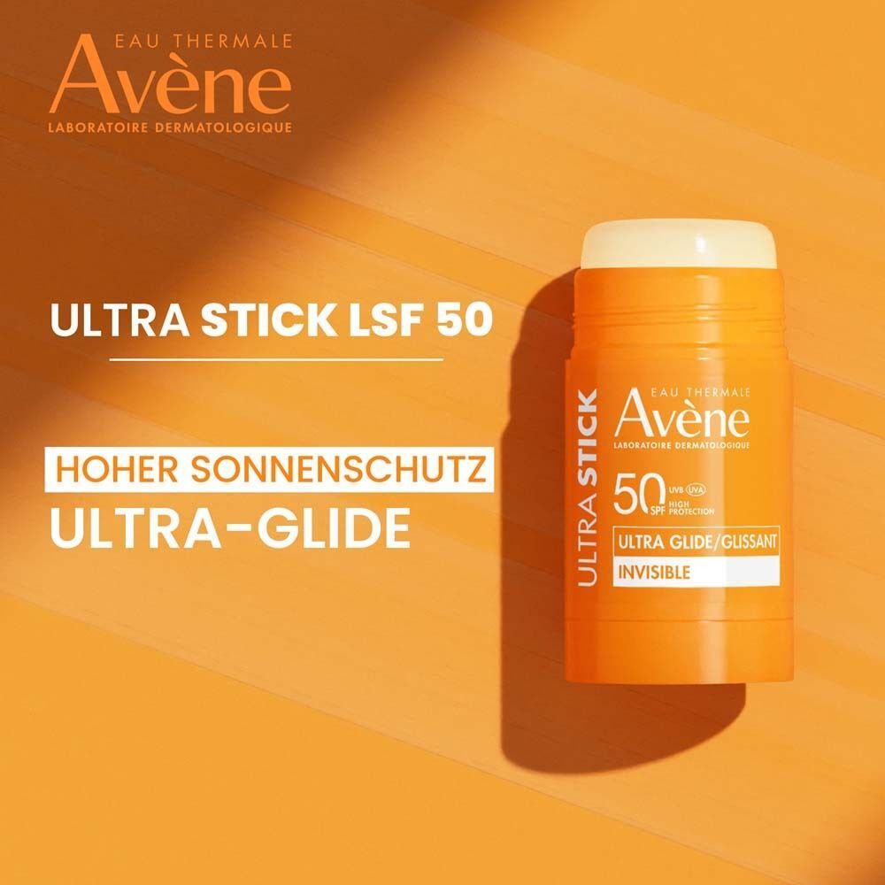 Avène Ultra Stick LSF 50 mit hoher Sonnen schutz und Ultra-Glide Textur auf orangefarbenem Hintergrund.