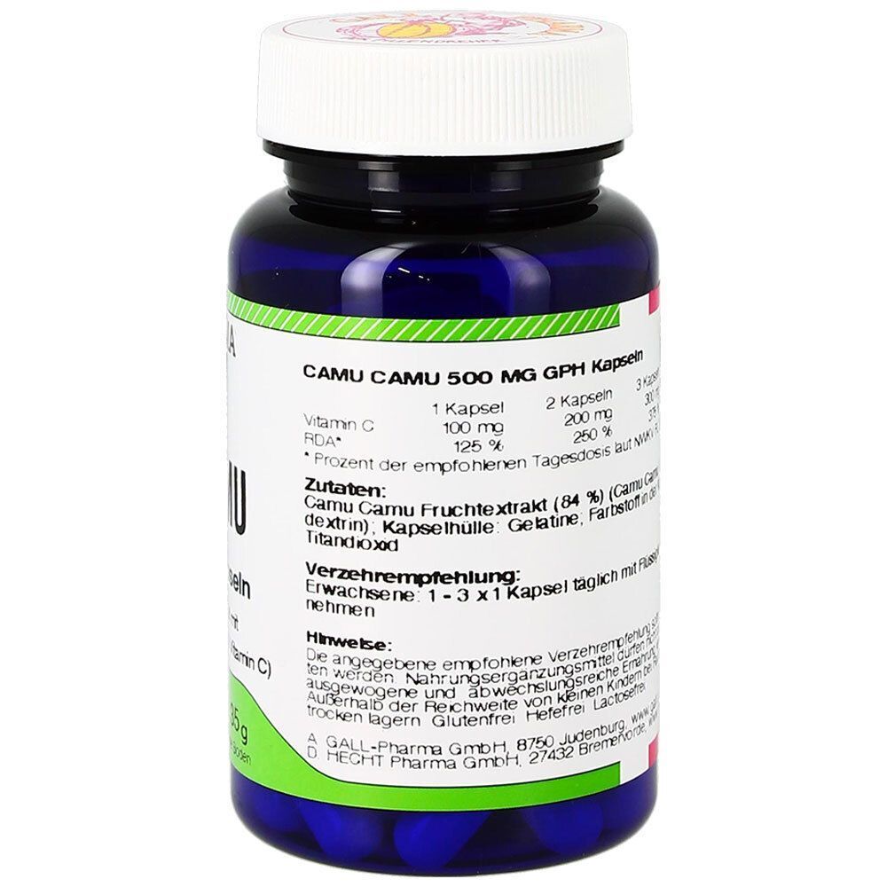 Eine Flasche GALL PHARMA Camu Camu 500 mg GPH Kapseln, Rückseite mit Nährwertangaben und Inhaltsstoffen.