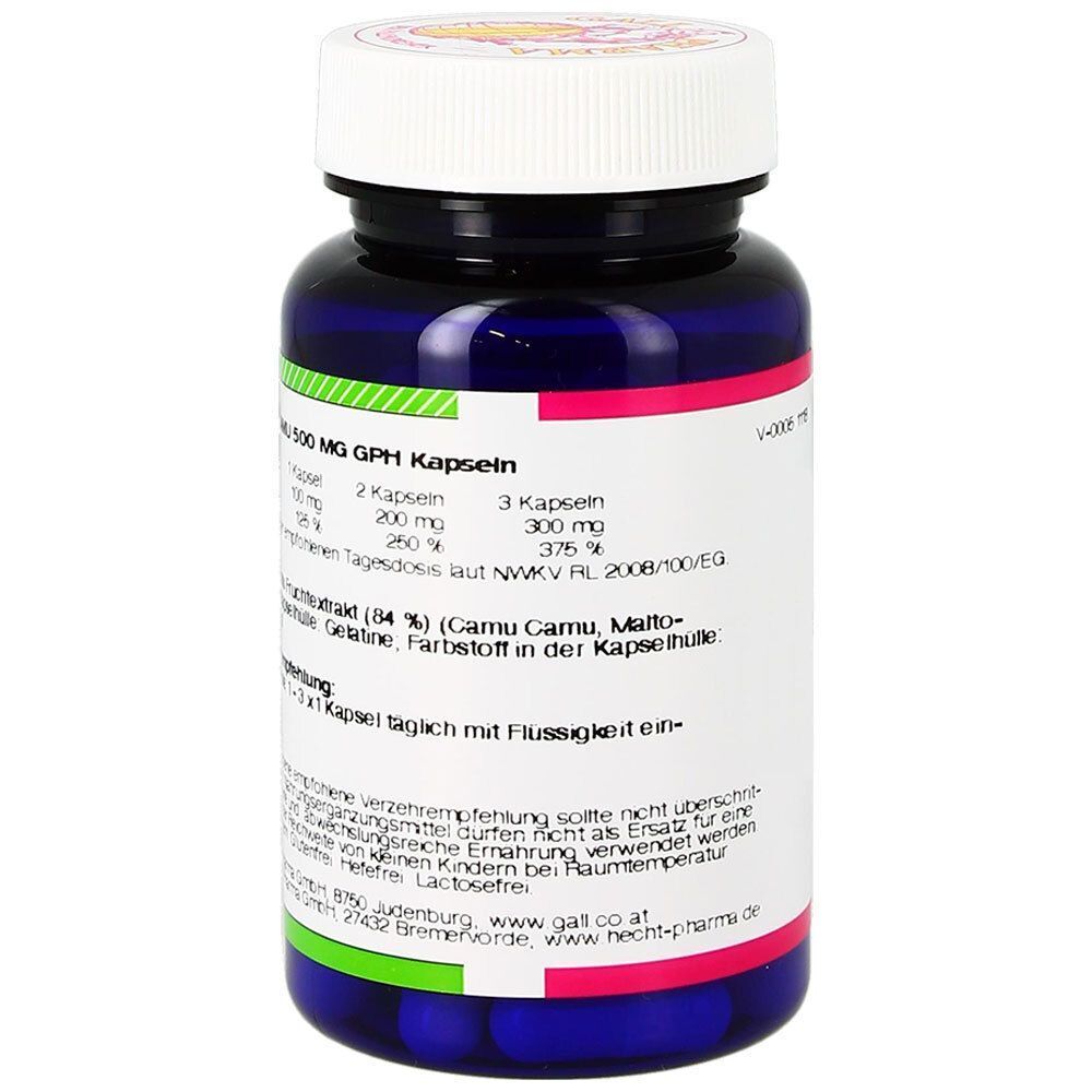 Eine Flasche GALL PHARMA Camu Camu 500 mg GPH Kapseln, Rückseite mit Dosierung und Hinweisen.