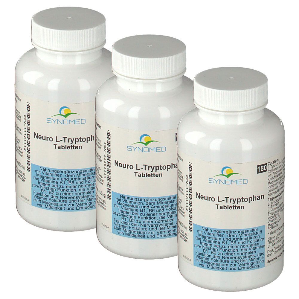Drei weiße Flaschen SYNOMED Neuro L-Tryptophan Tabletten mit blauen und gelben Etiketten.