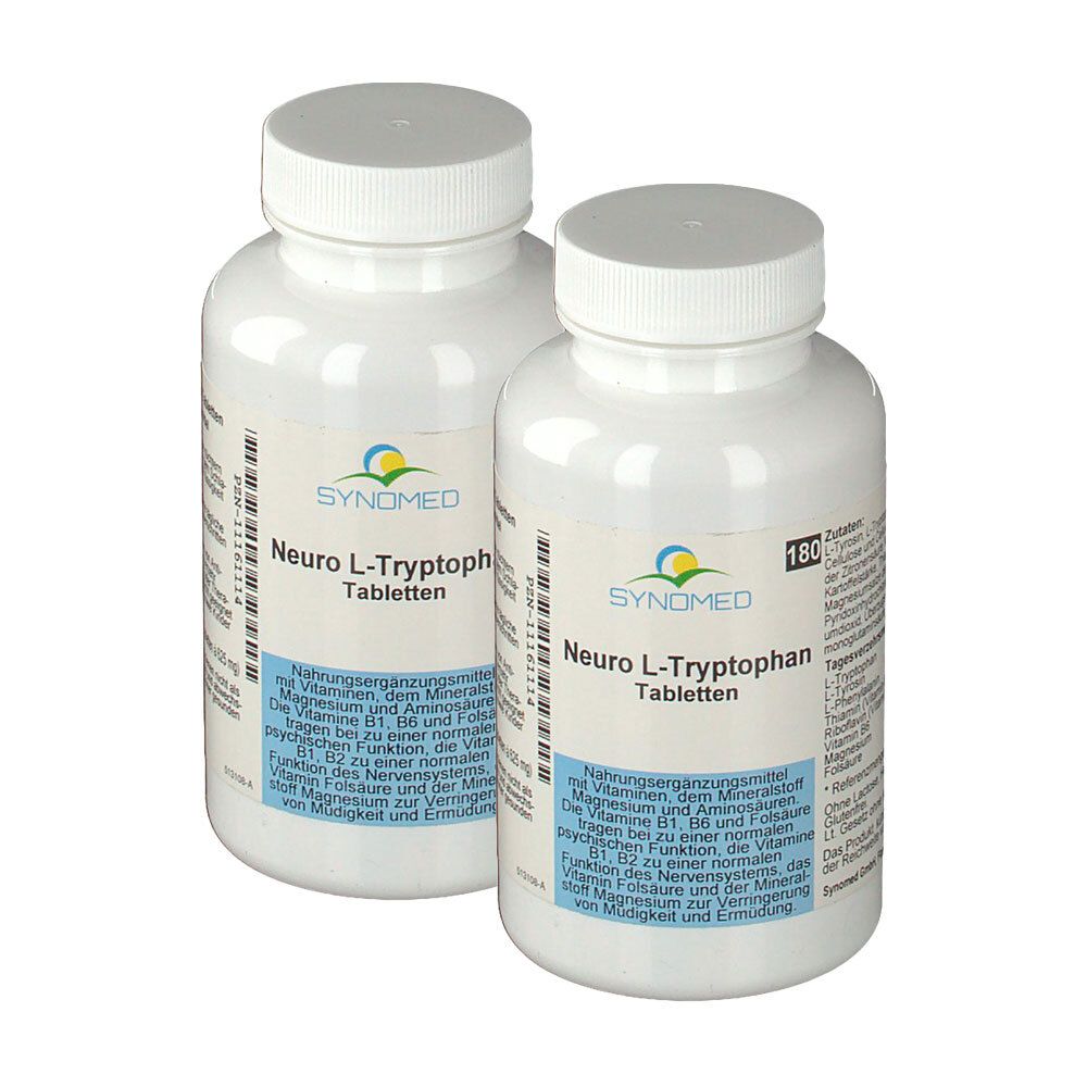 Zwei weiße Flaschen Neuro L-Tryptophan Tabletten mit blauen Etiketten und weißen Kappen.