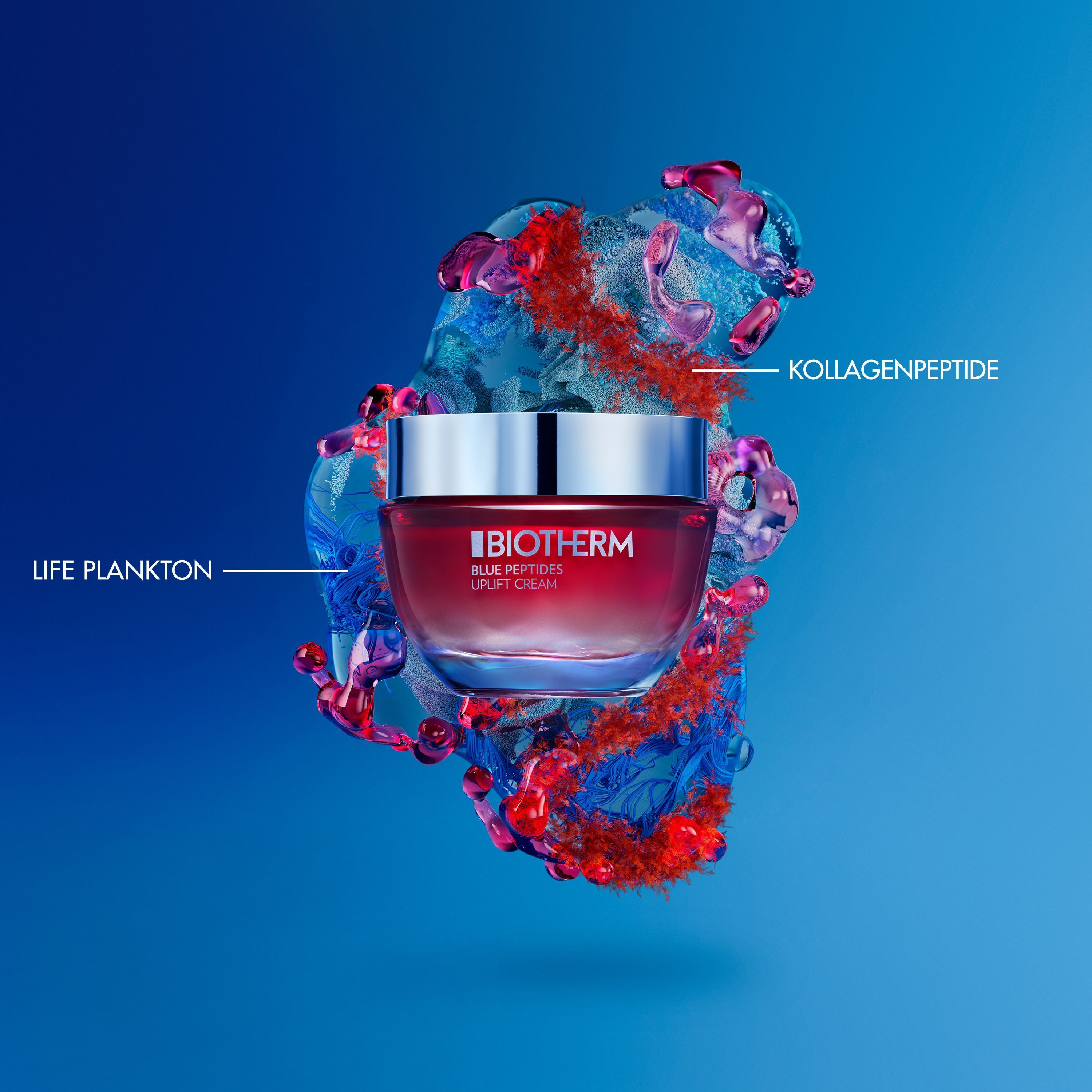 Ein roter Tiegel Biotherm Blue Peptides Uplift Cream mit Lebensplankton und Kollagenpeptiden.