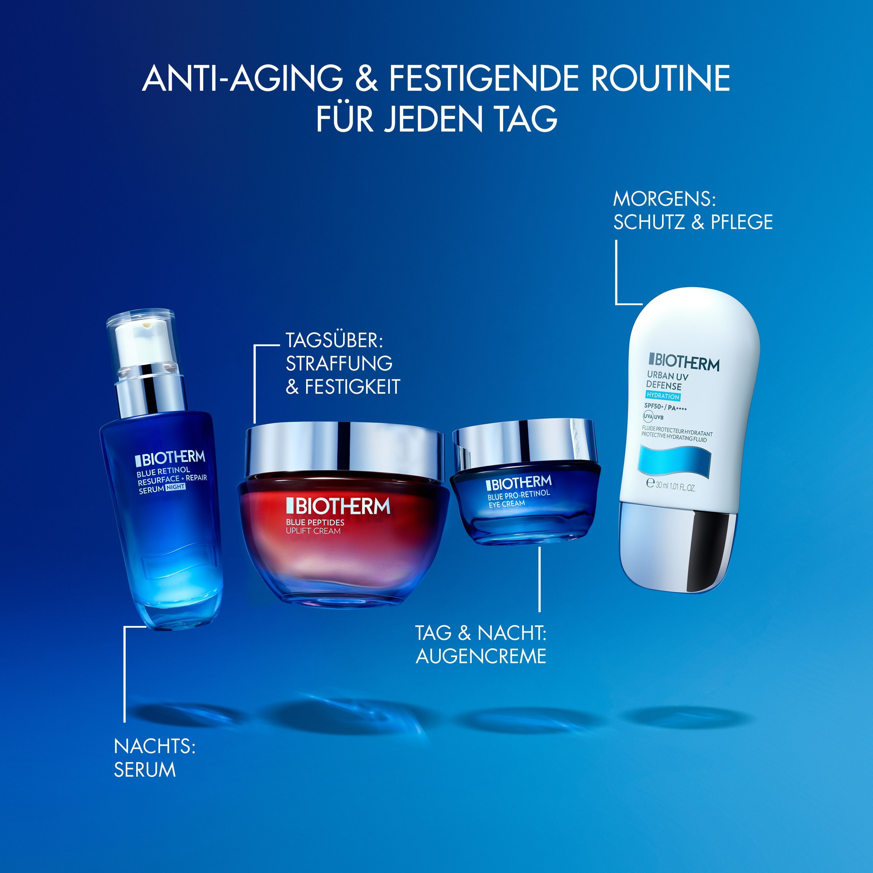Eine Routine für jeden Tag: Serum, Tagescreme, Augencreme und UV-Schutz.