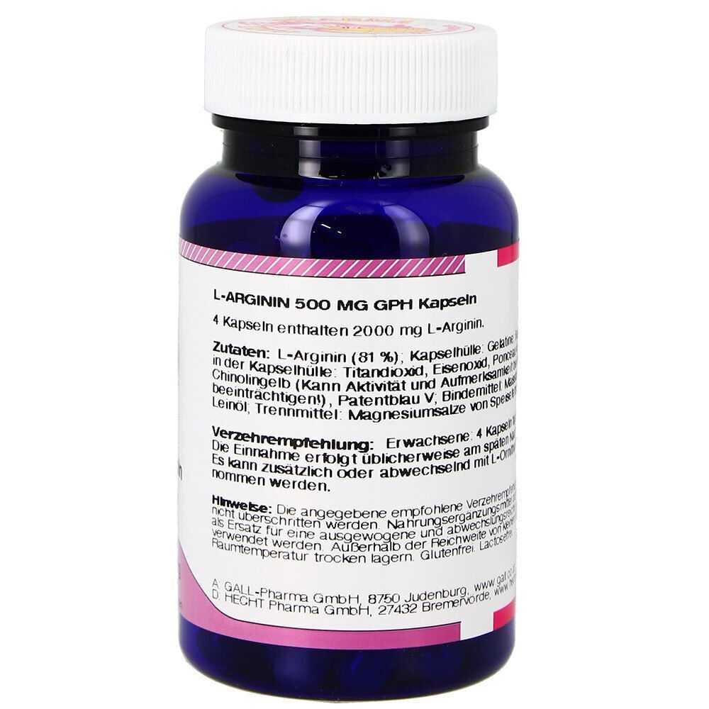 Eine Flasche GALL PHARMA L-Arginin 500 mg Kapseln, Rückseite mit detaillierten Produktinformationen und Inhaltsstoffen.