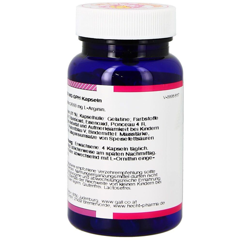 Rückseite einer blauen Flasche GALL PHARMA L-Arginin 500 mg GPH Kapseln, zeigt Produktinformationen und eine Chargennummer.