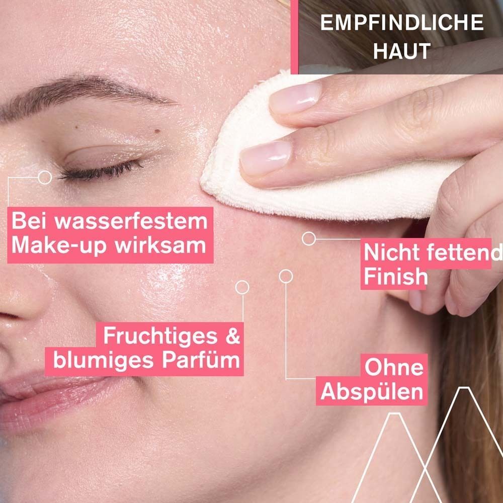 Anwendung von Mizellenwasser zur Make-up-Entfernung bei empfindlicher Haut.