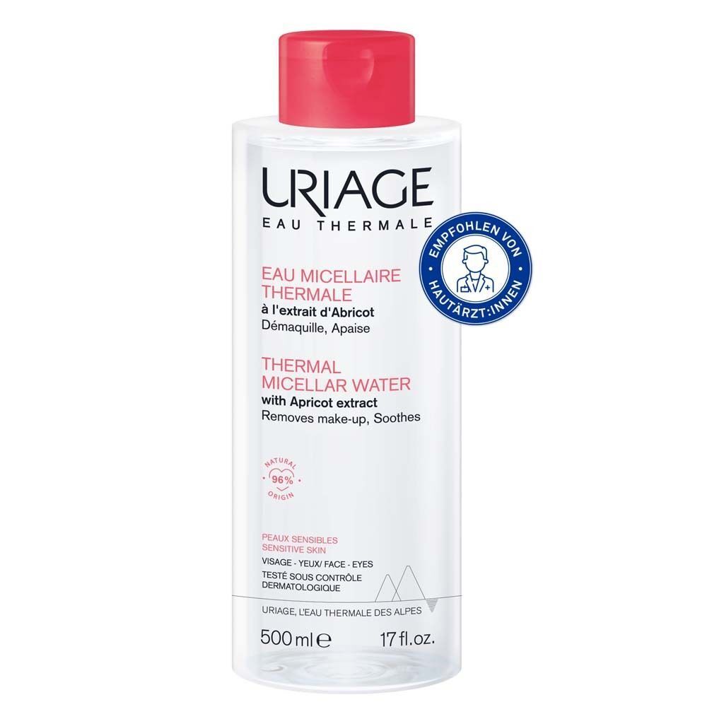 Eine Flasche Uriage Mizellen Thermalwasser für empfindliche Haut, 500ml.