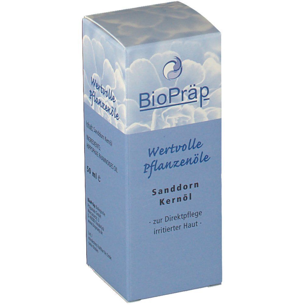 Eine Schachtel BioPräp Sanddorn Kernöl, Vorderseite mit Produktnamen und Wolkenmuster.