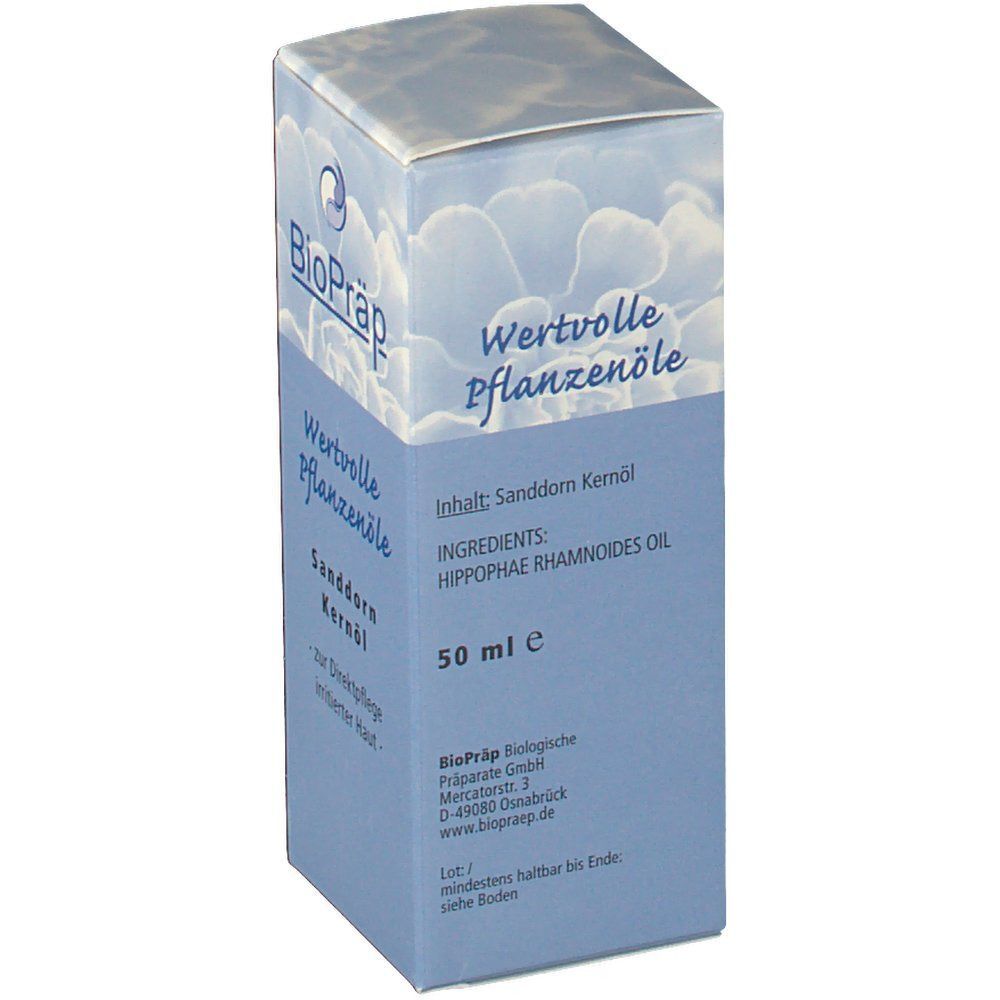 BioPräp Sanddorn Kernöl Packung mit 50 ml Inhalt, Inhaltsstoff: Hippophae Rhamnoides Oil.