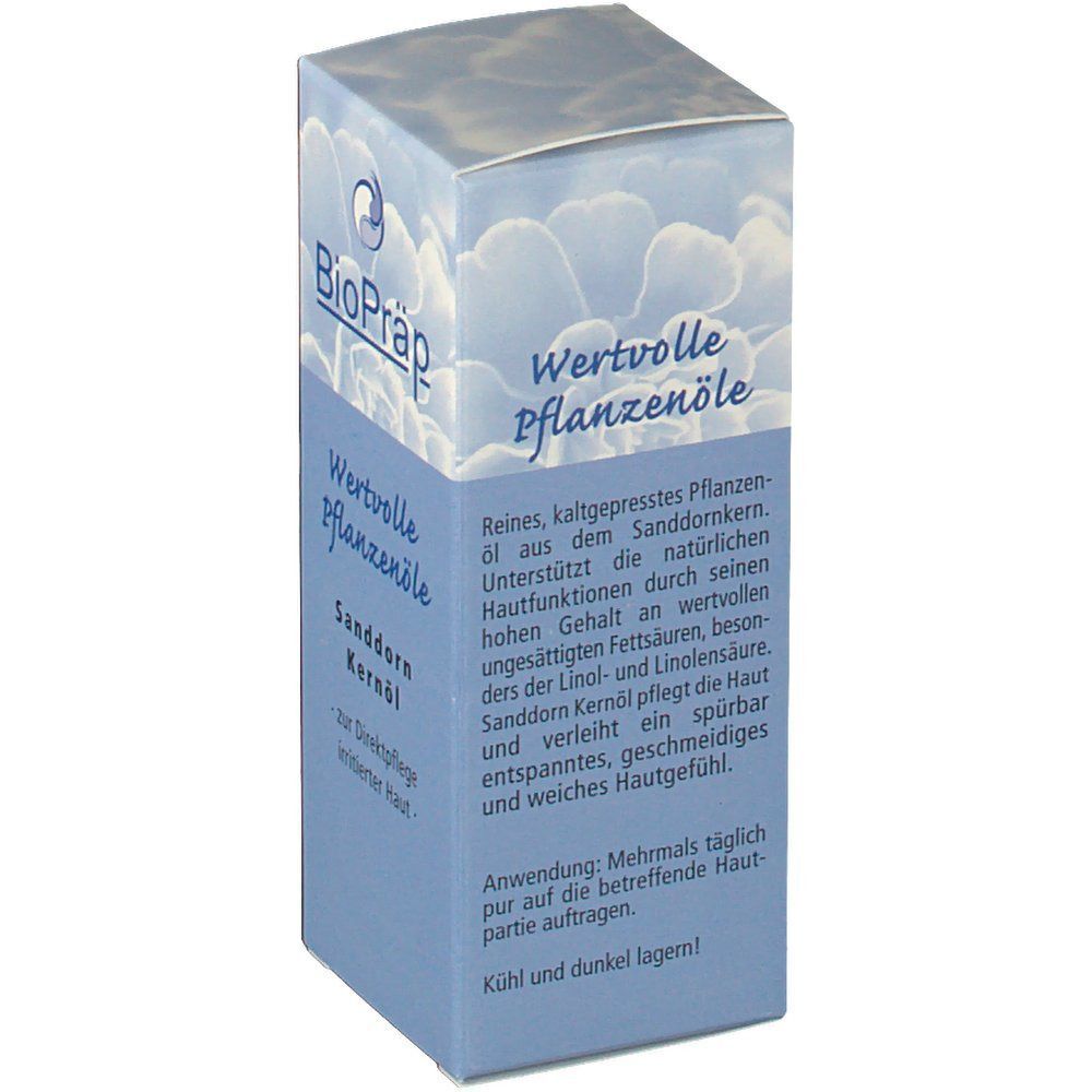 Rückseite einer BioPräp Sanddorn Kernöl Packung mit detaillierter Produktbeschreibung.