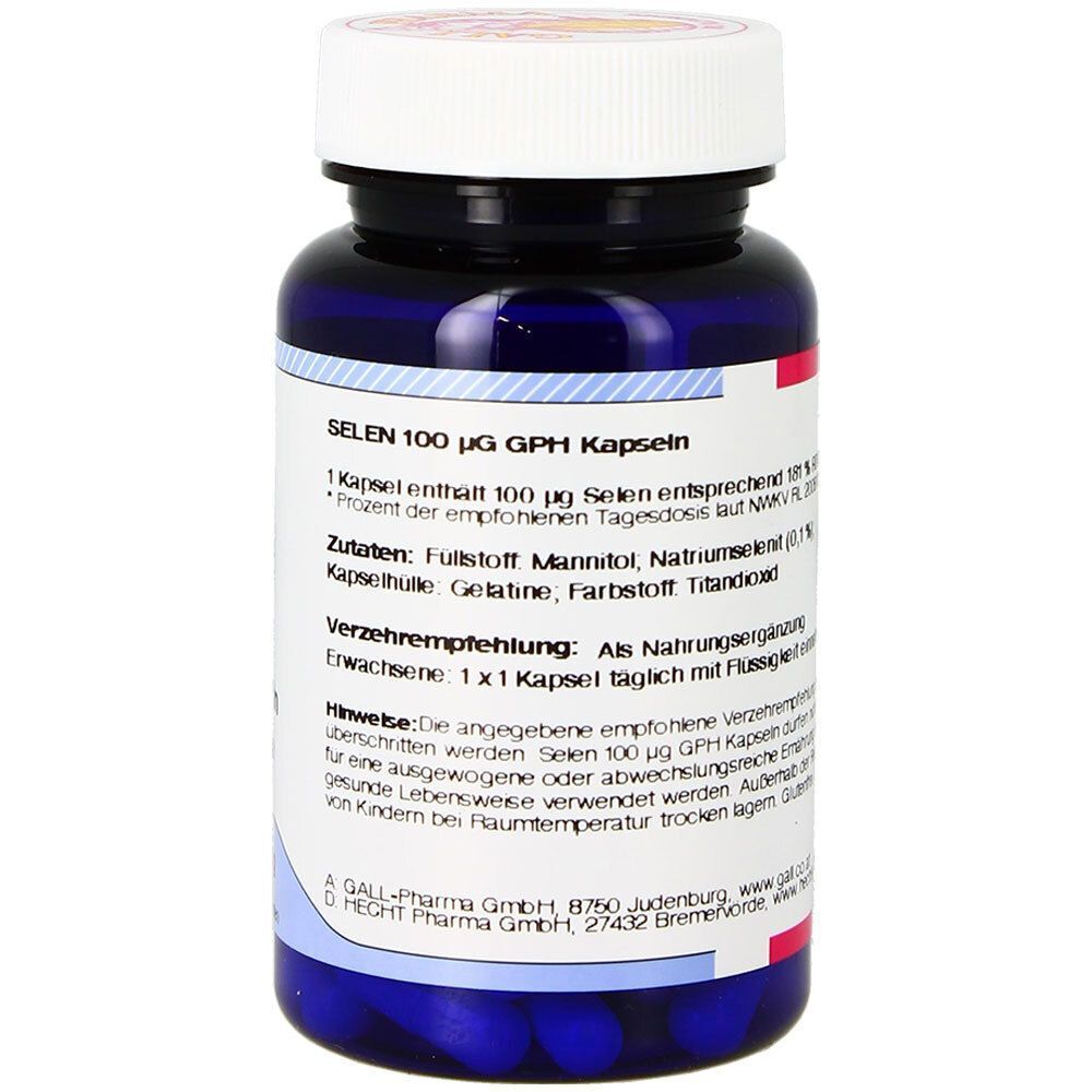 Rückseite einer Flasche GALL PHARMA Selen 100 µg GPH Kapseln mit Zutaten und Verzehrempfehlung.