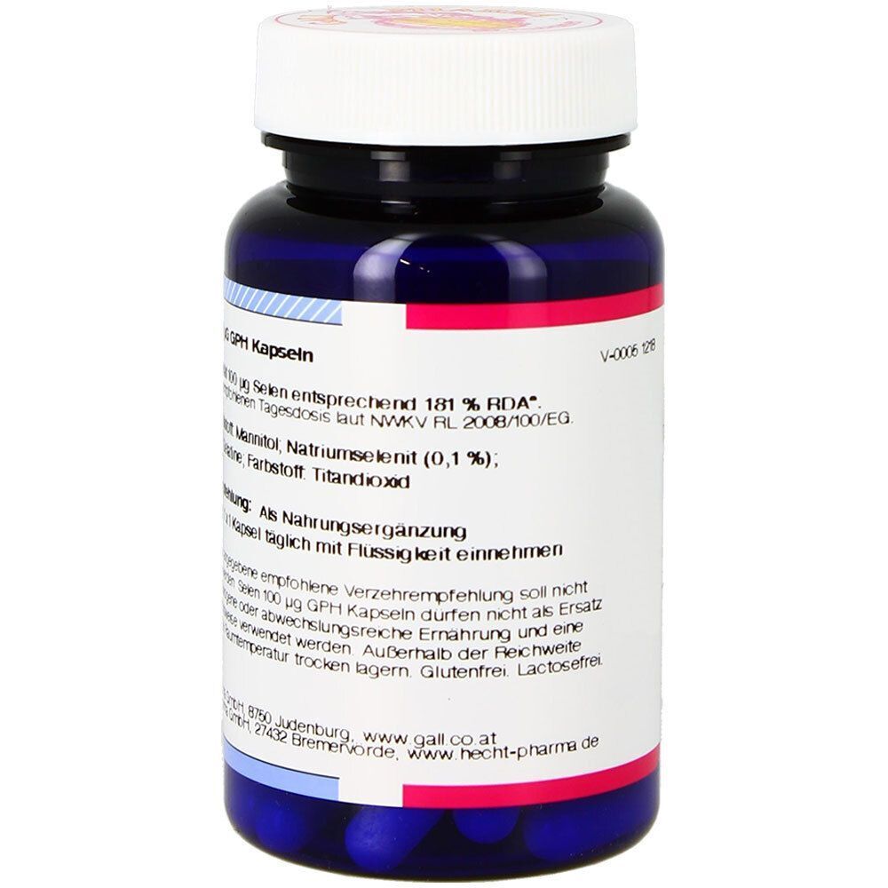 Rückseite einer Flasche GALL PHARMA Selen 100 µg GPH Kapseln mit Nährwertangaben und Herstellerinformationen.