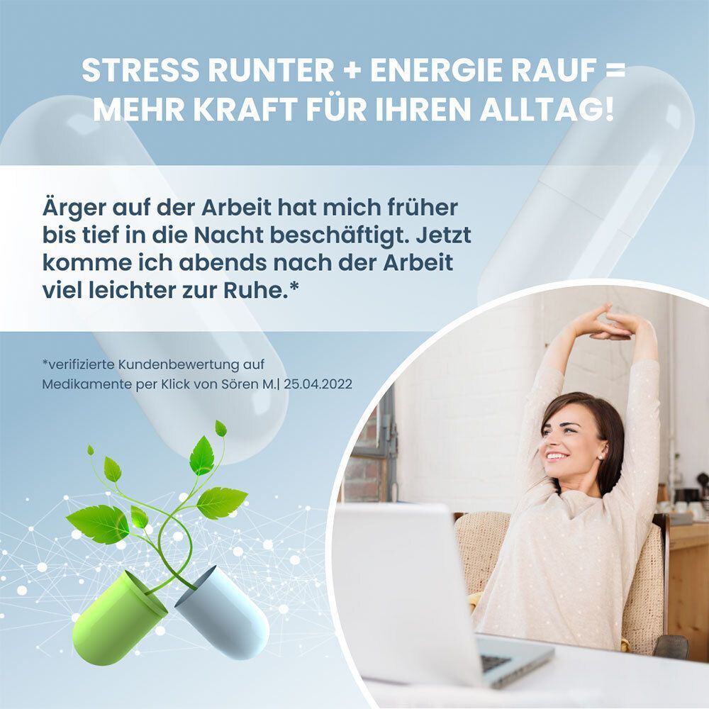Frau entspannt am Schreibtisch, mit Kapsel und Text über Stressreduktion.