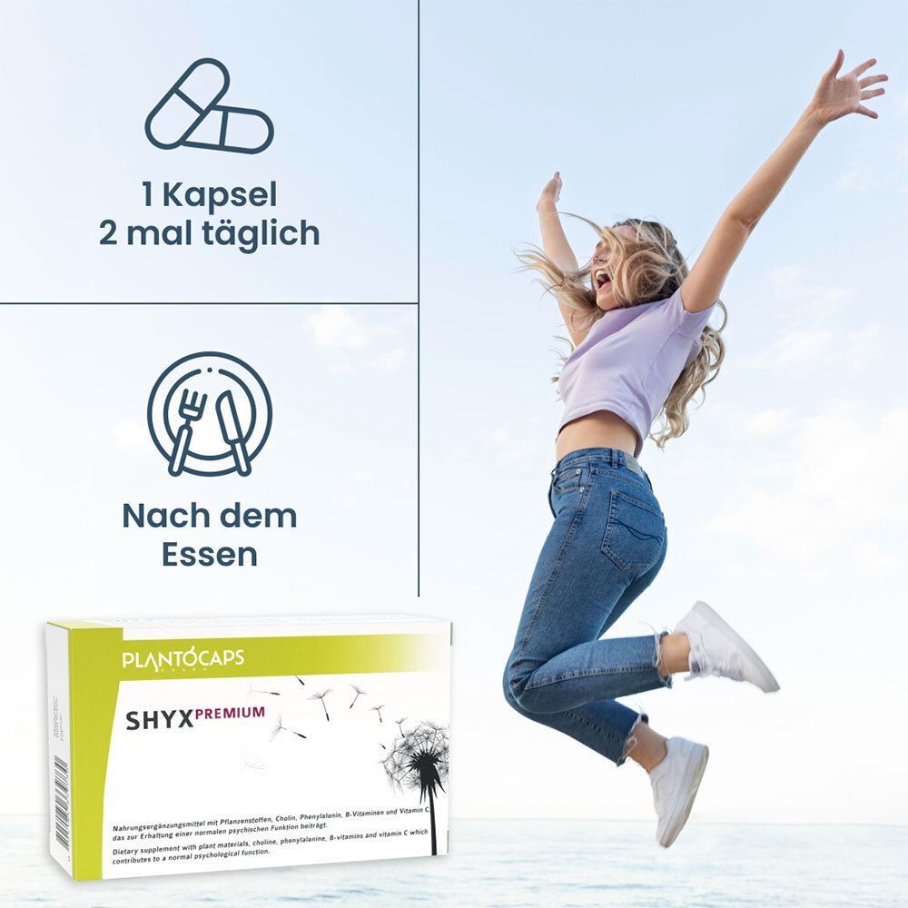 Jubelnde Frau springt, neben Anweisungen und plantoCAPS® SHYX® PREMIUM Packung.