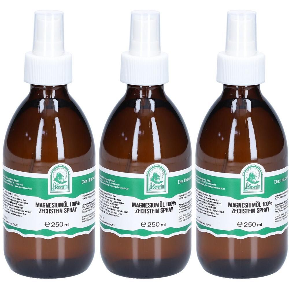 Drei braune Sprühflaschen mit Magnesiumöl 100% Zechstein Spray, je 250 ml.