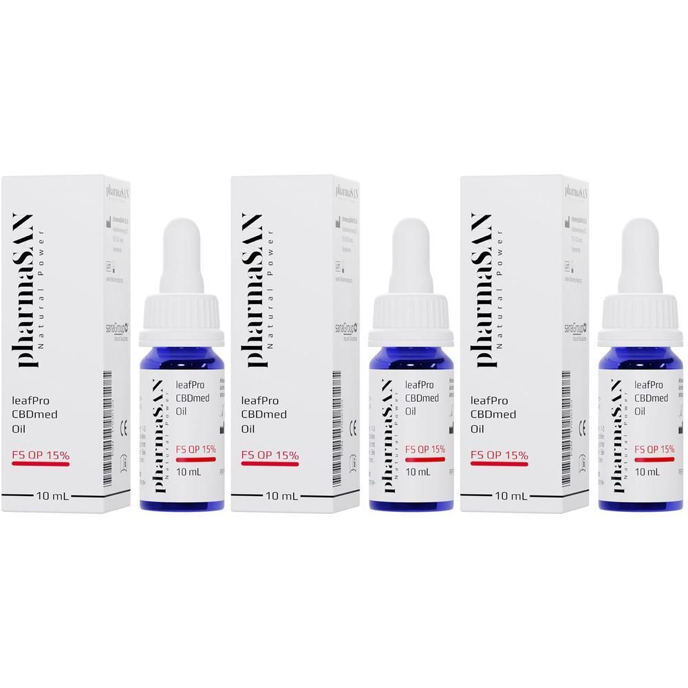Drei Packungen leafPro CBDmed Öl 15% mit Pipettenflaschen, je 10 ml.