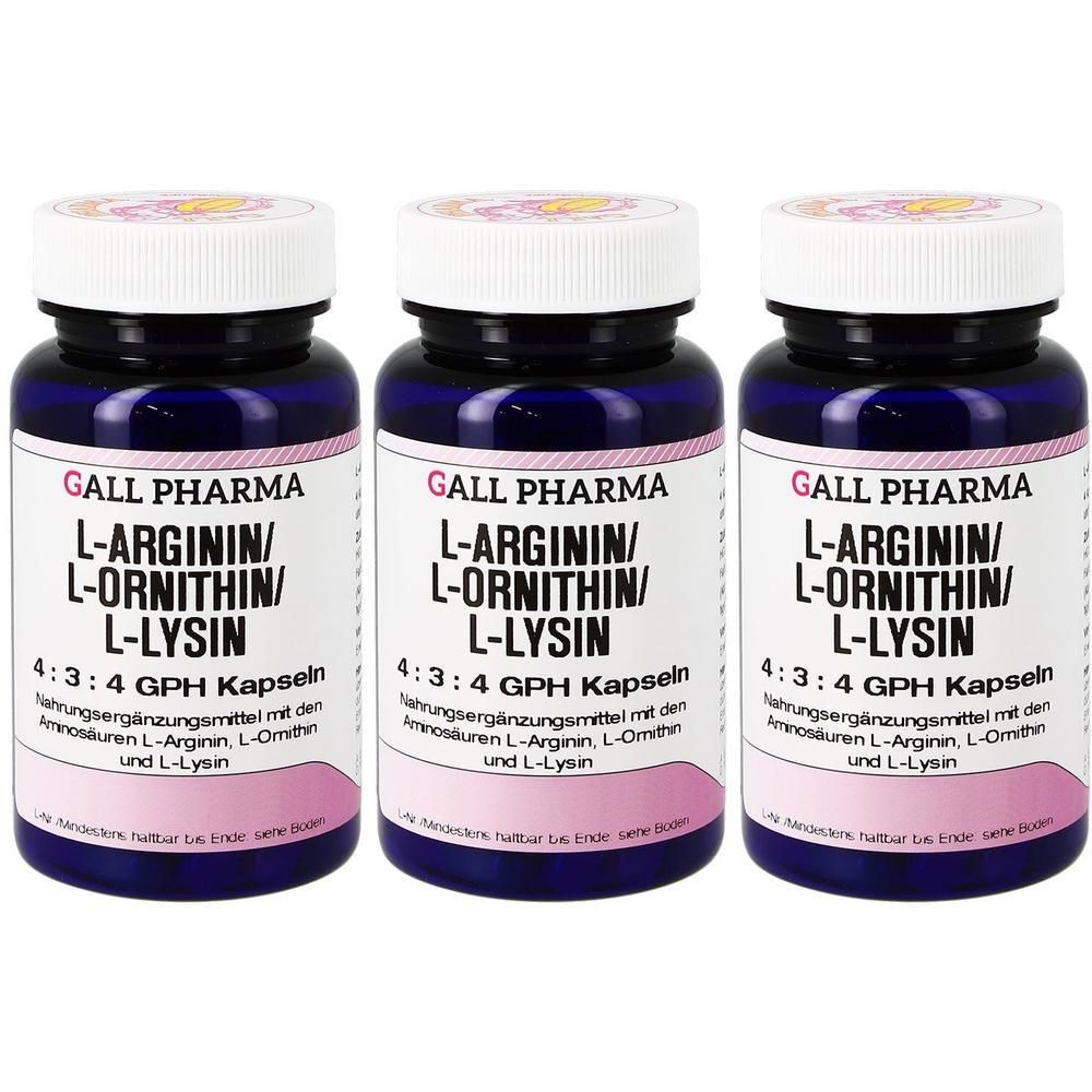 Drei dunkelblaue Flaschen mit weißen Kappen, die GALL PHARMA L-Arginin/L-Ornithin/L-Lysin Kapseln enthalten.