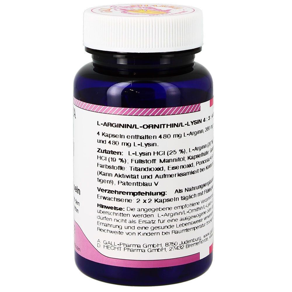 Eine dunkelblaue Flasche mit weißem Deckel, die GALL PHARMA L-Arginin/L-Ornithin/L-Lysin Kapseln enthält. Rückseitenetikett mit Zutatenliste.