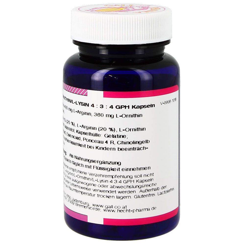 Eine dunkelblaue Flasche mit weißem Deckel, die GALL PHARMA L-Arginin/L-Ornithin/L-Lysin Kapseln enthält. Rückseitenetikett mit Dosierungsangaben.