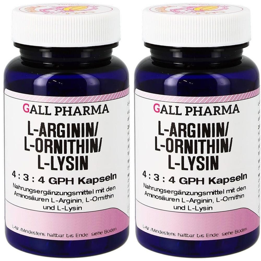 Zwei dunkelblaue Kapselbehälter mit weißen Schraubverschlüssen. Etiketten zeigen "GALL PHARMA L-Arginin/L-Ornithin/L-Lysin 4:3:4 GPH Kapseln".