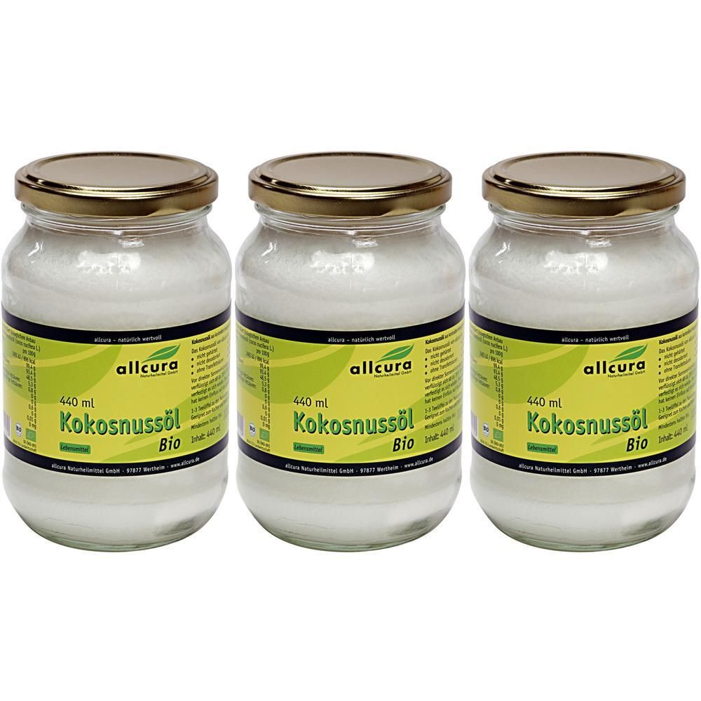 Drei Gläser mit allcura Kokosnussöl Bio, jeweils 440 ml.