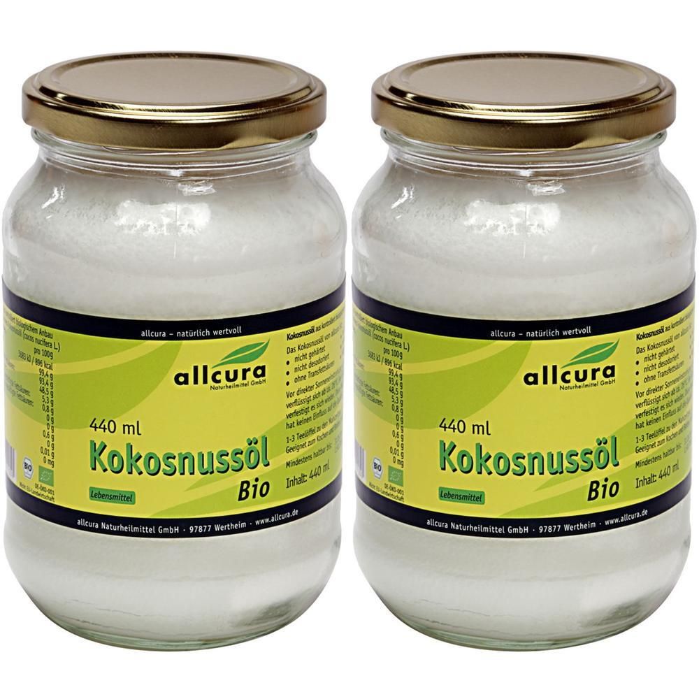 Zwei Gläser mit allcura Kokosnussöl Bio, jeweils 440 ml.
