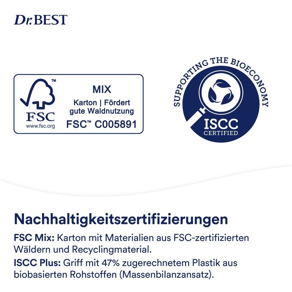 Zwei Dr. BEST Comfort Clean Zahnbürsten im Doppelpack. Graue und weiße Griffe, weiche Borsten.