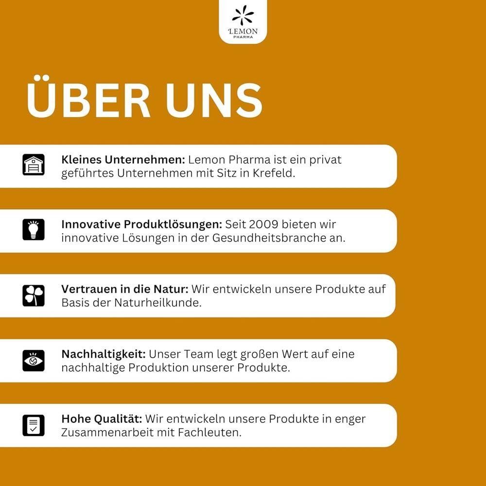 Informationen über Lemon Pharma: kleines Unternehmen, innovative Lösungen, Naturheilkunde, Nachhaltigkeit, hohe Qualität.