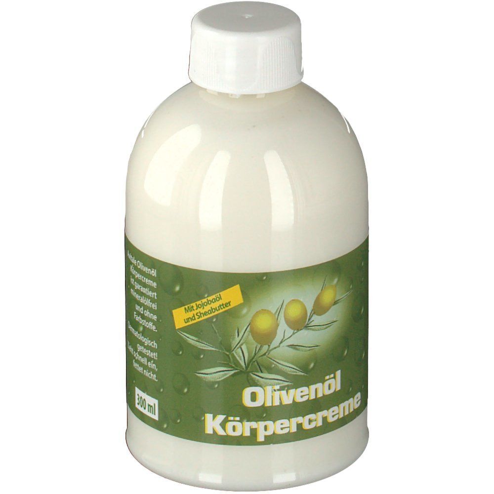 Vorderseite einer Flasche Olivenöl Körpercreme mit Etikett, das 'Mit Jojoba und Sheabutter' und '300 ml' zeigt.