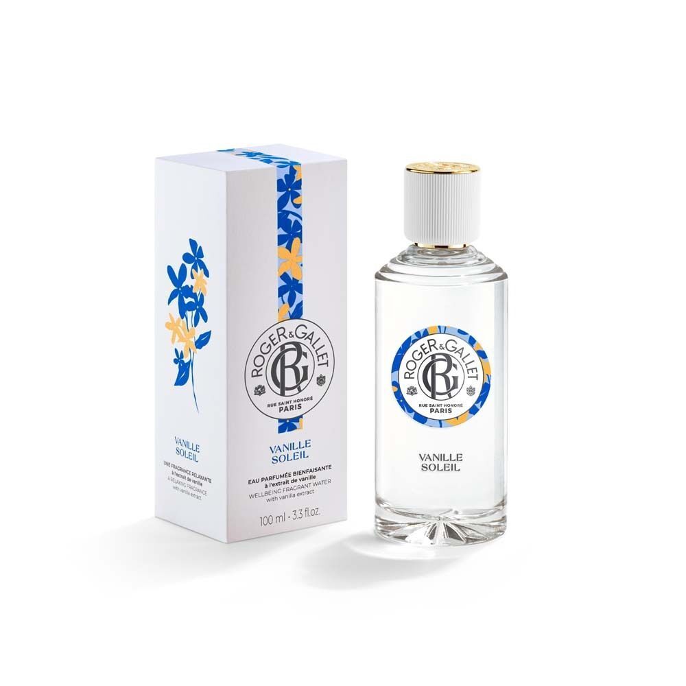 ROGER&GALLET Vanille Soleil Wohlfühlwasser Flasche neben der passenden Verpackungsbox.