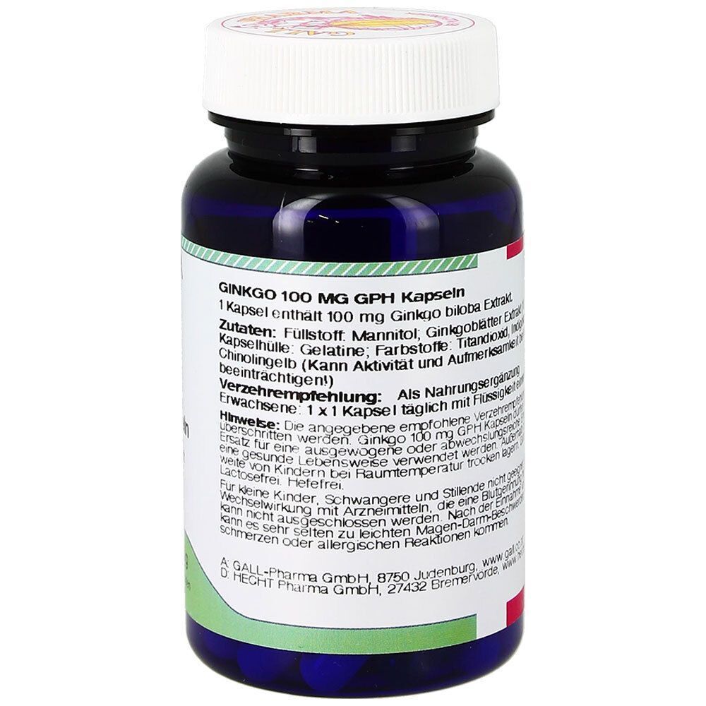 Rückseite einer Flasche GINKGO 100 MG GPH Kapseln mit detaillierten Informationen zu Inhaltsstoffen und Anwendung.