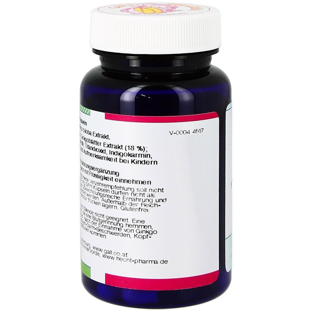 Rückseite einer dunkelblauen Flasche mit Ginkgo 100 mg GPH Kapseln, Gall Pharma.