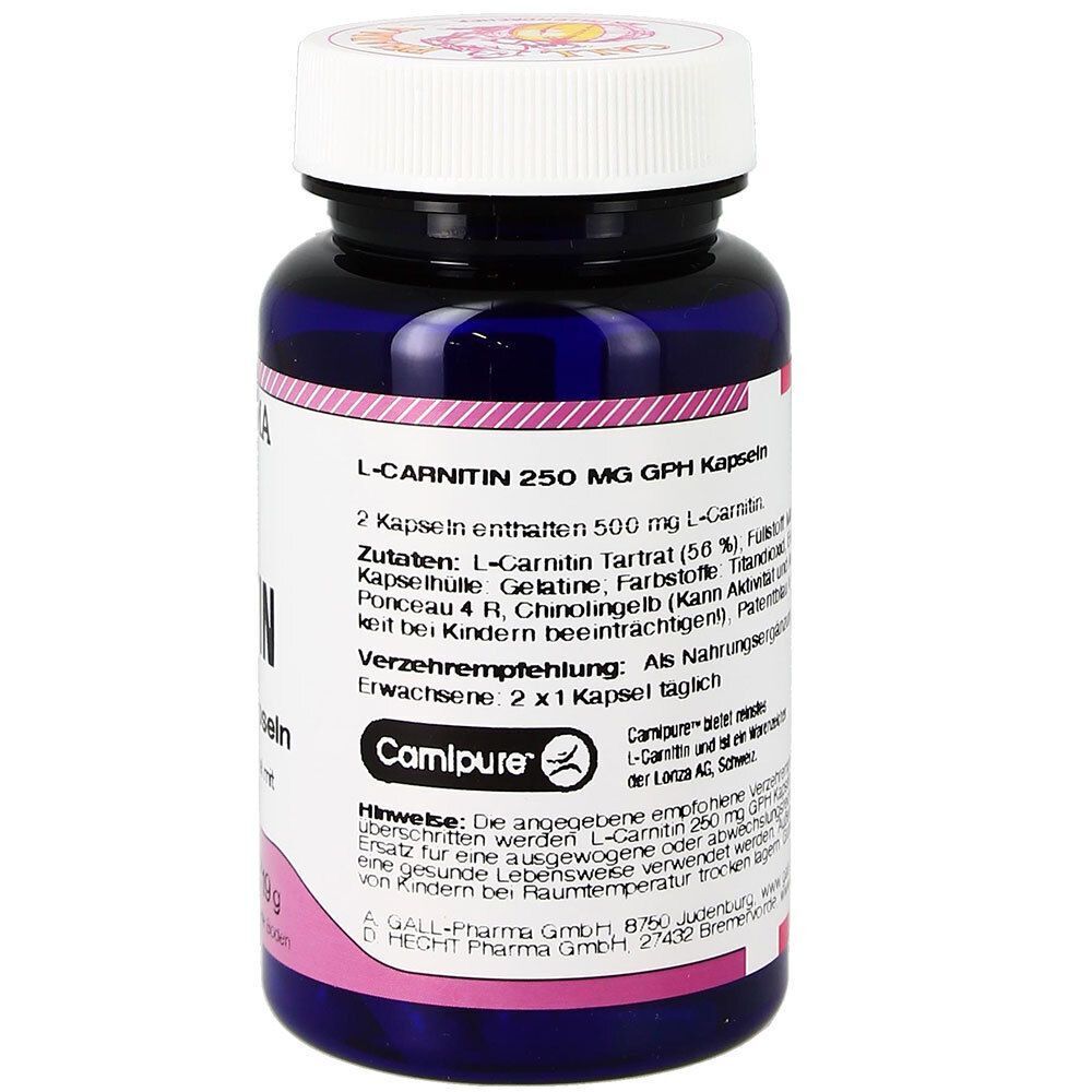 Flasche GALL PHARMA L-Carnitin 250 mg GPH Kapseln, Rückseite mit Zutatenliste und Verzehrempfehlung.