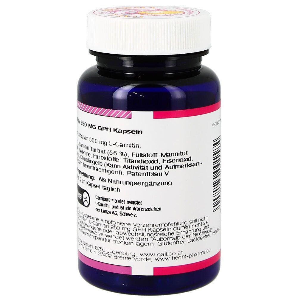 Flasche GALL PHARMA L-Carnitin 250 mg GPH Kapseln, Rückseite mit Zutaten und Herstellerangaben.