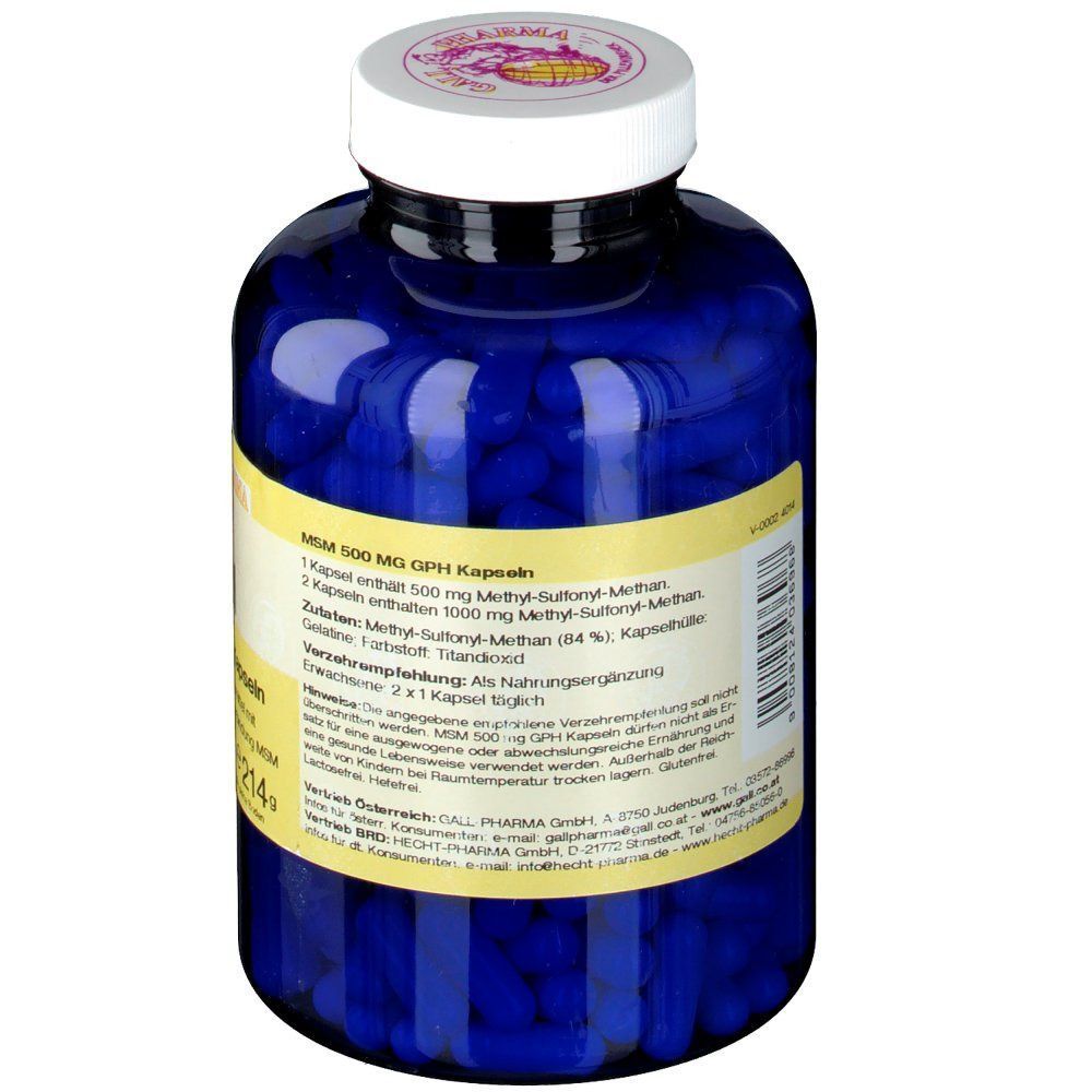 Ein blauer Behälter mit Gall Pharma MSM 500 mg GPH Kapseln. Gelbes Etikett mit detaillierten Produktinformationen.