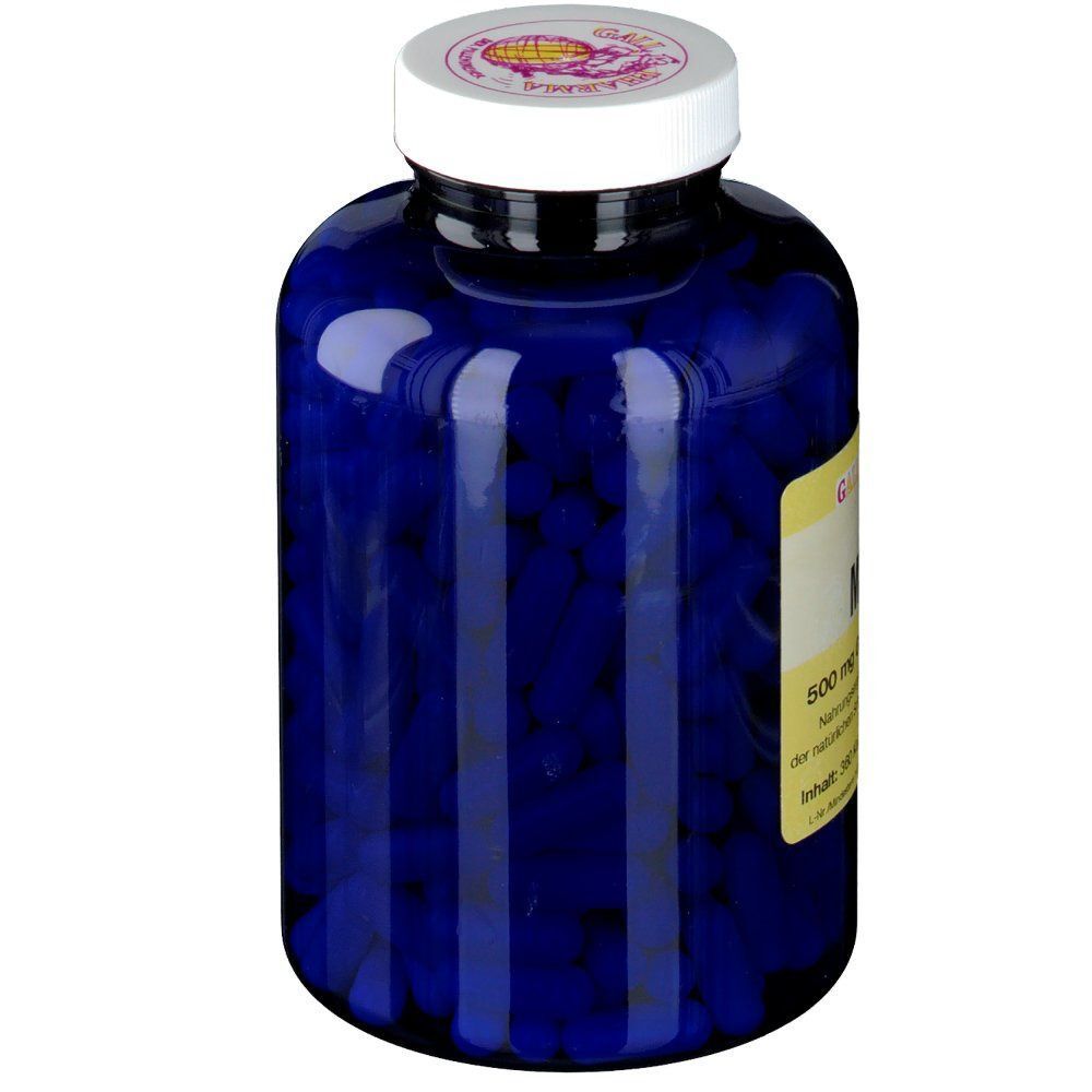 Ein blauer Behälter mit Gall Pharma MSM 500 mg GPH Kapseln. Seitenansicht des gelben Etiketts.