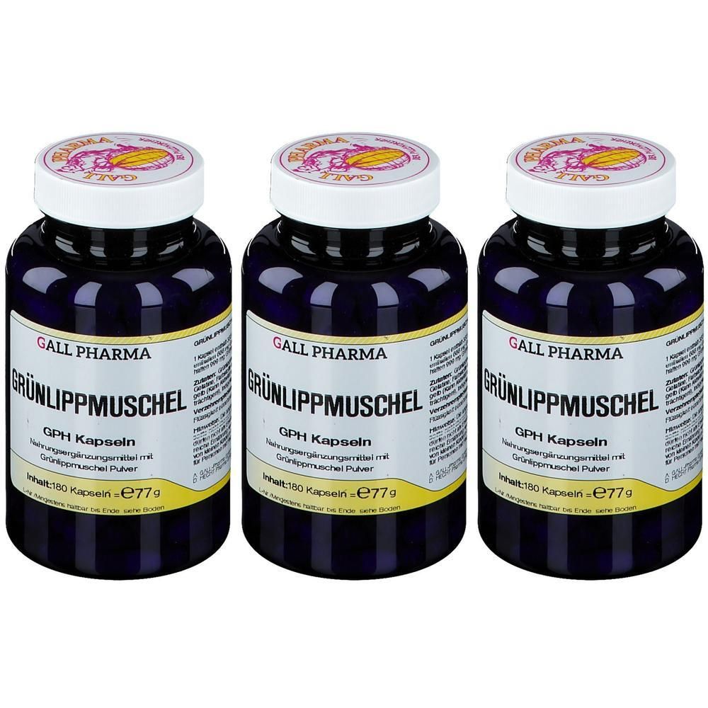 Drei Flaschen GALL PHARMA Grünlippmuschel GPH Kapseln, 150 Kapseln pro Flasche.
