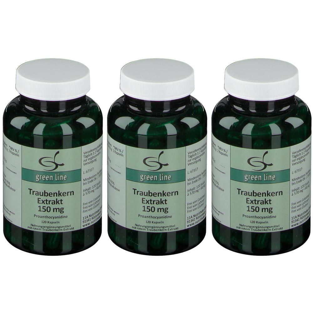 Drei grüne Flaschen mit Traubenkernextrakt 150 mg Kapseln.