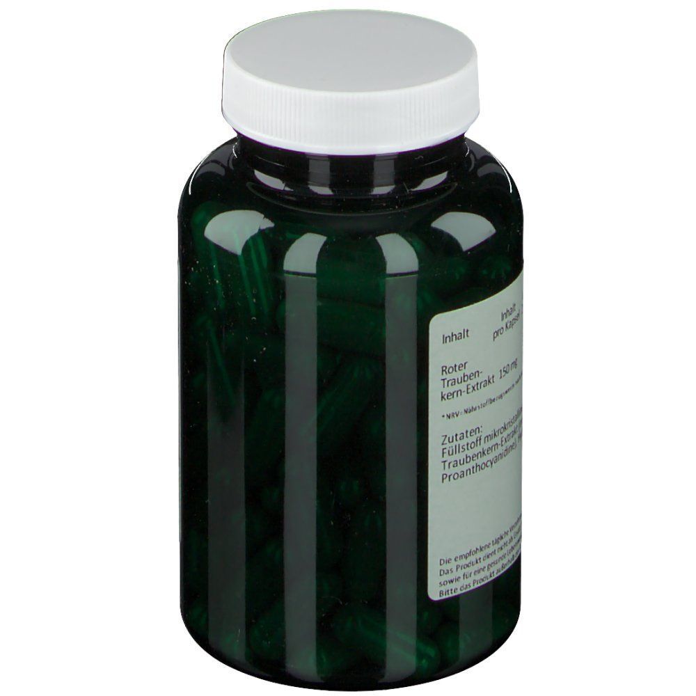 Rückseite einer grünen Flasche mit Traubenkernextrakt 150 mg Kapseln.
