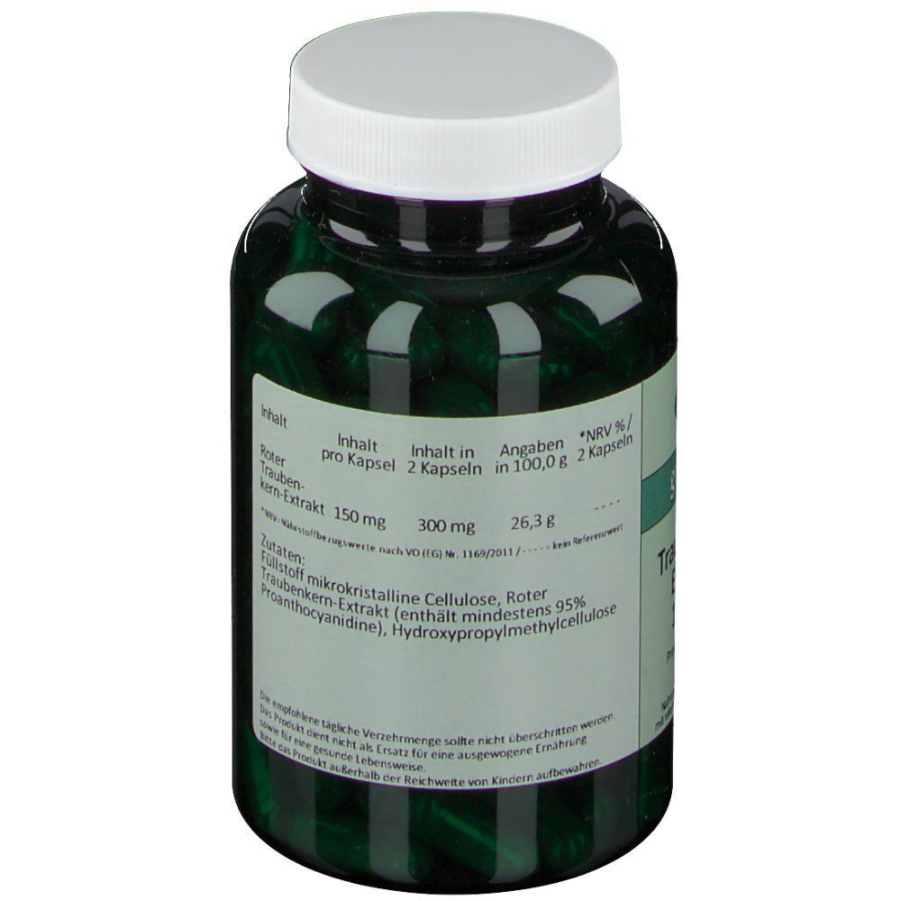 Grüne Flasche mit Traubenkernextrakt-Kapseln, 150 mg, 120 Stück. Etikett mit Nährwertangaben.